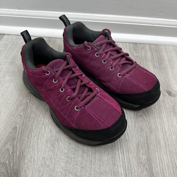 Skechers Work Shoes Womens 7 Plum Leather Slip Resistant Memory Foam Steel Toe - Picture 1 of 12
